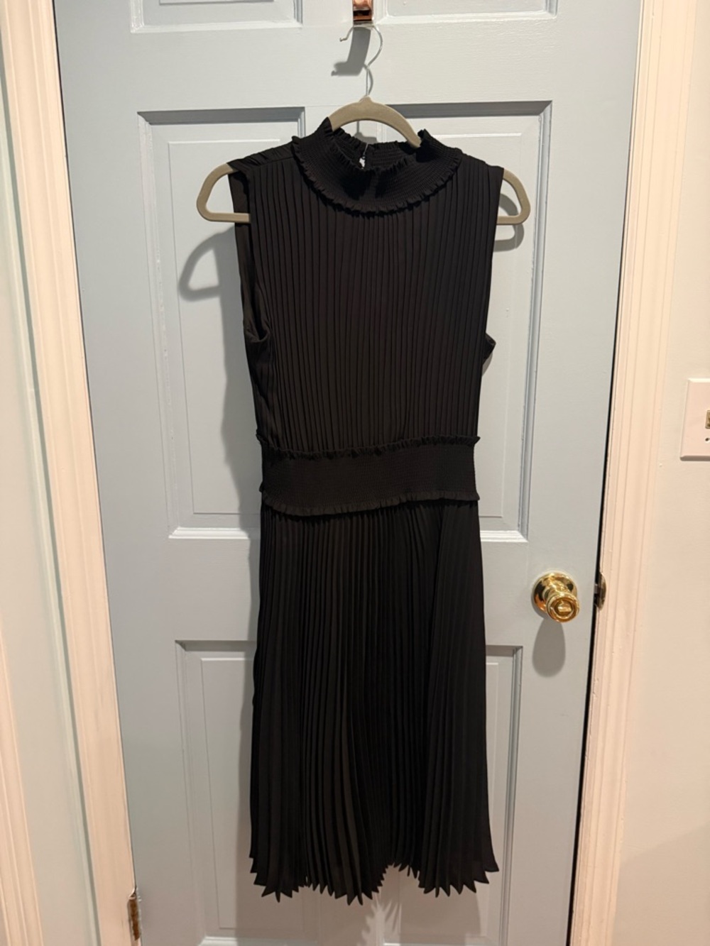 Nannette Lepore Black Sleeveless Pleated Midi Dress with Ruffle Neck